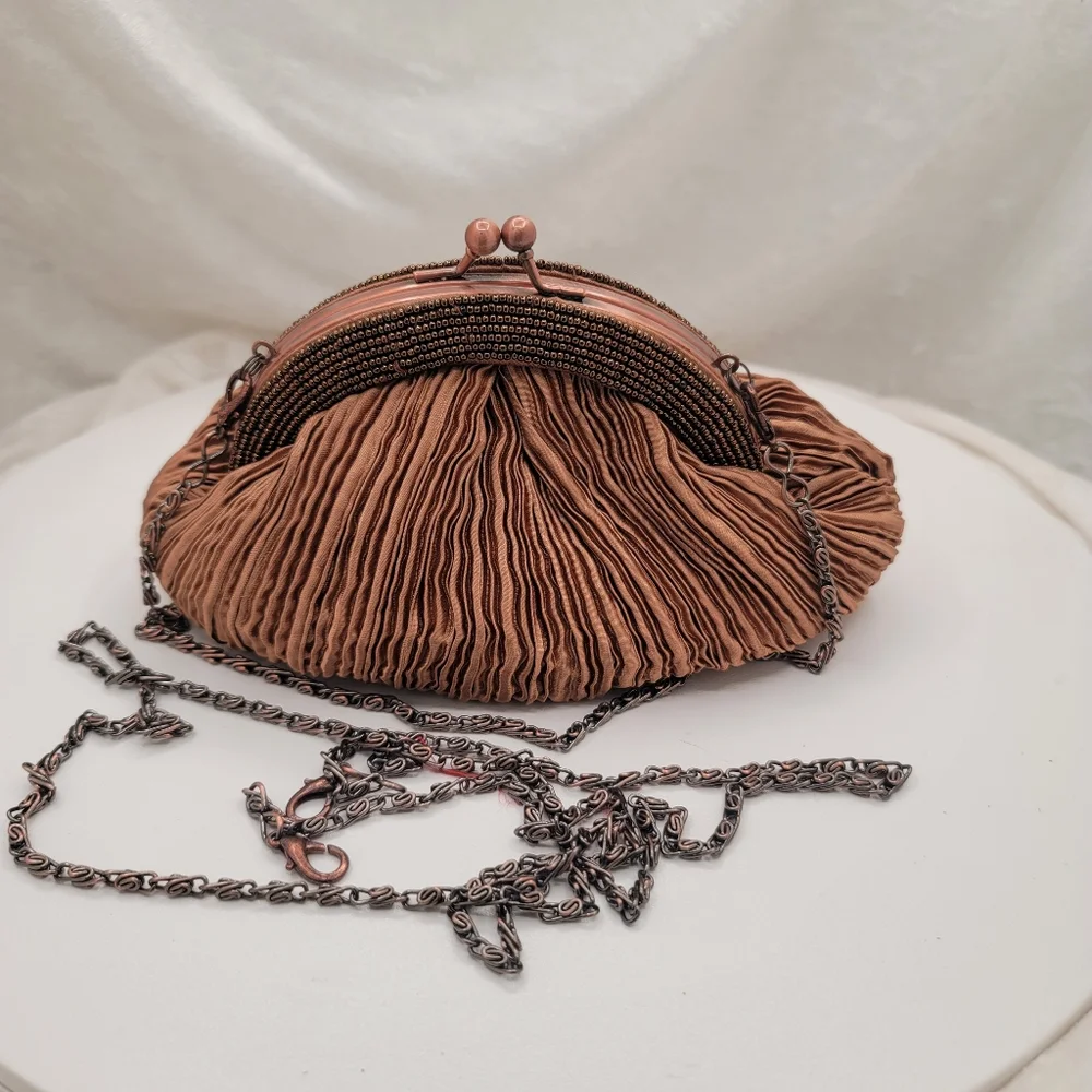 Carlo Fellini Bronze Pleated Satin and Beaded Bag Purse - Picture 4 of 6